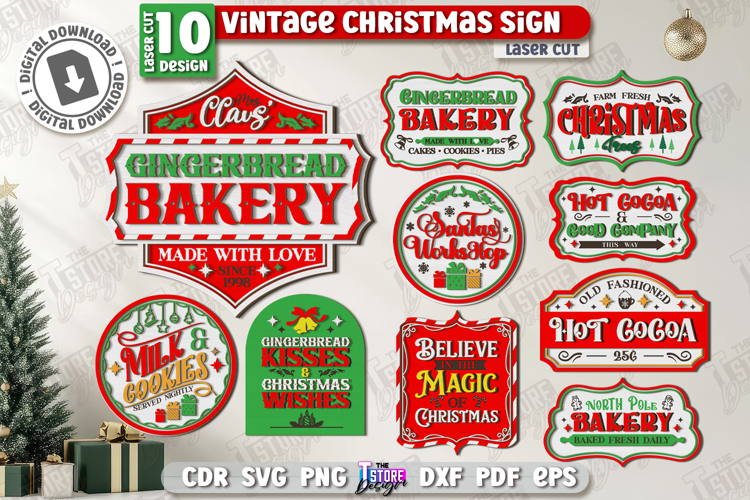 Vintage Christmas Signs Laser Cut Bundle, Retro Door Hangers