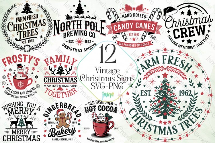 Vintage Christmas Signs SVG PNG Bundle Clipart