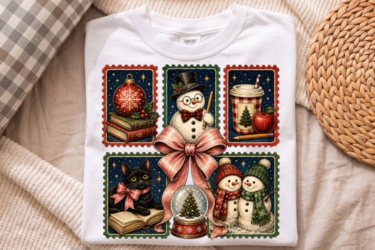 Vintage Christmas Stamp Snowman Cat Book PNG Sublimation