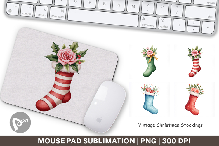 Mouse Pad Vintage Christmas Stockings Watercolor