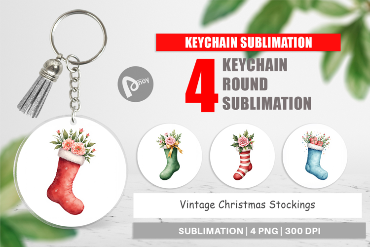 Keychain Vintage Christmas Stockings Watercolor