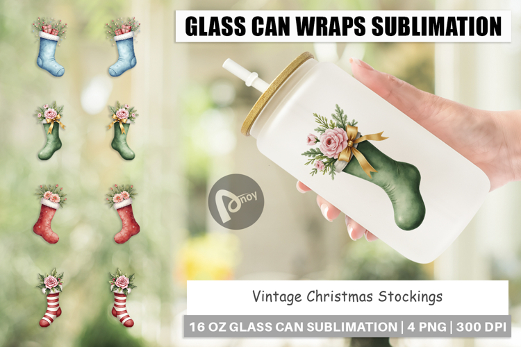 Glass Can Vintage Christmas Stockings Watercolor