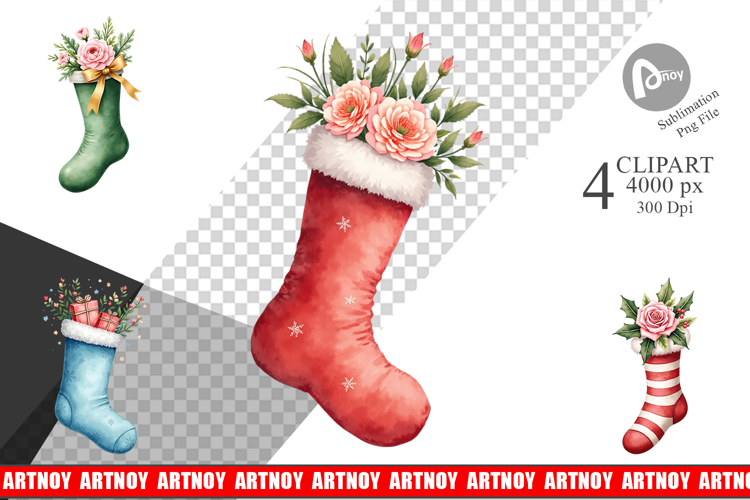 Clipart Vintage Christmas Stockings Watercolor