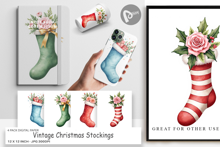 Digital Paper Vintage Christmas Stockings Watercolor