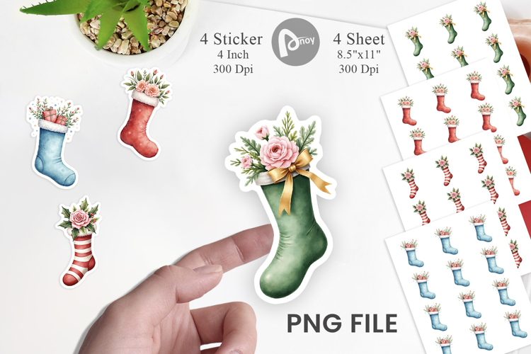 Sticker Vintage Christmas Stockings Watercolor