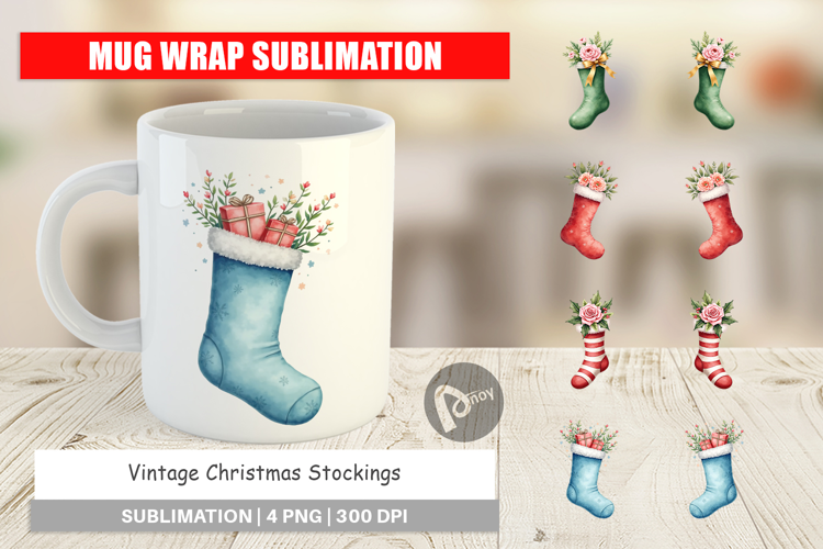 Mug Wrap Vintage Christmas Stockings Watercolor