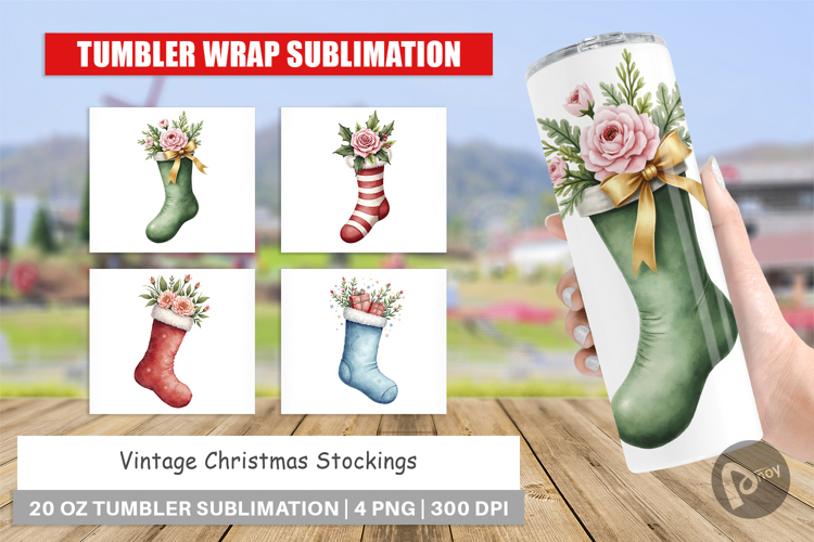Tumbler Vintage Christmas Stockings Watercolor
