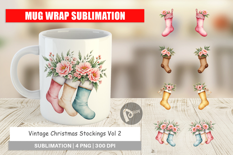 Mug Wrap Vintage Christmas Stockings Watercolor