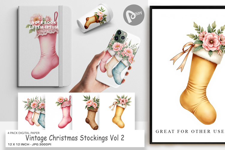 Digital Paper Vintage Christmas Stockings Watercolor