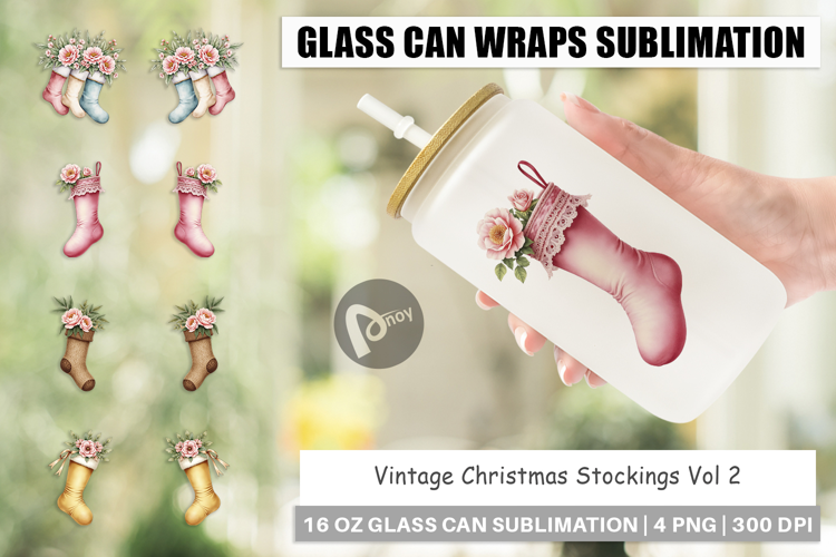 Glass Can Vintage Christmas Stockings Watercolor