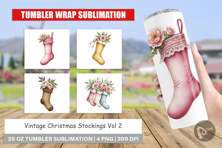 Tumbler Vintage Christmas Stockings Watercolor
