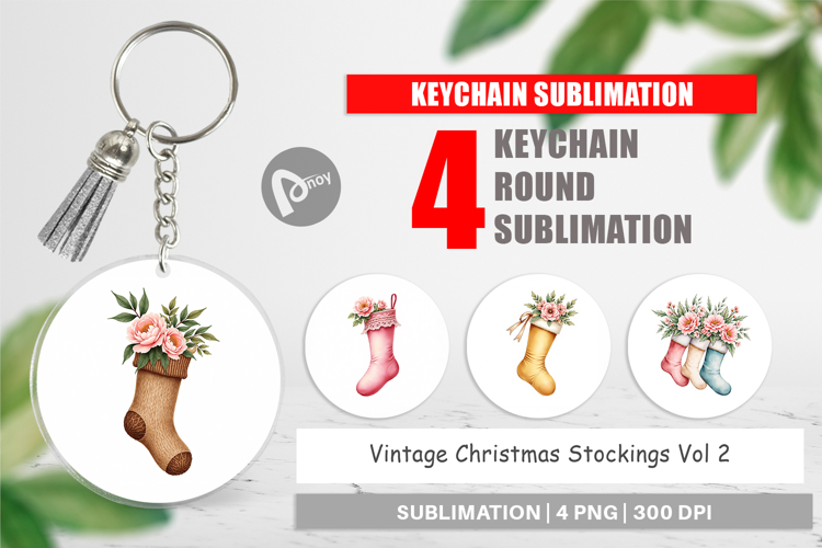 Keychain Vintage Christmas Stockings Watercolor