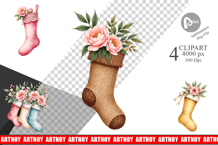Clipart Vintage Christmas Stockings Watercolor