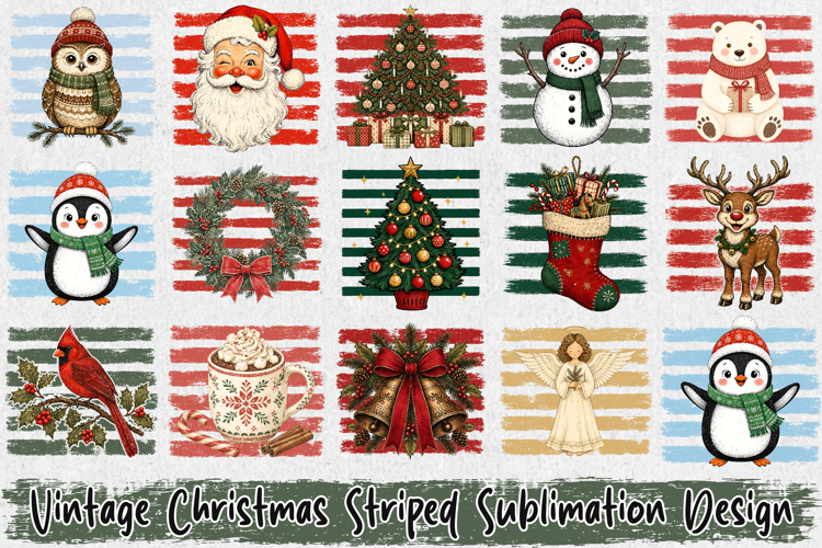 Vintage Christmas Striped PNG - Winter Sublimation Design