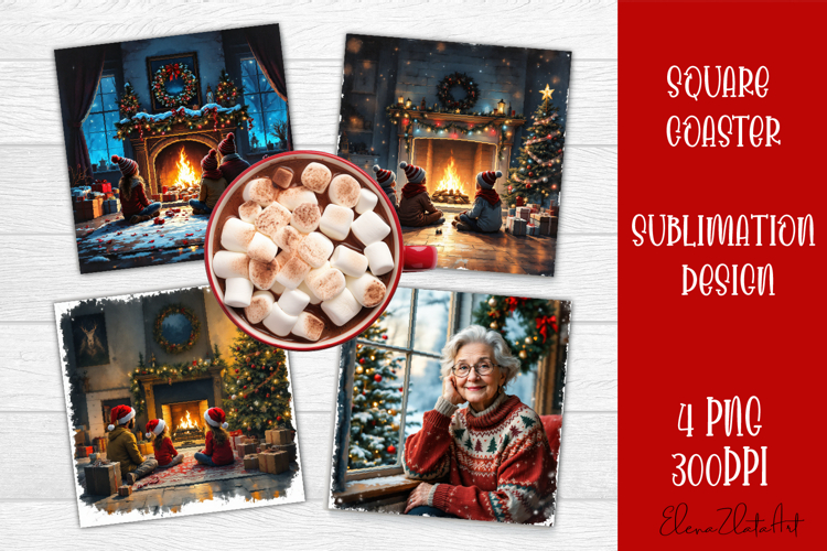Vintage Christmas Sublimation, retro square Coaster Design