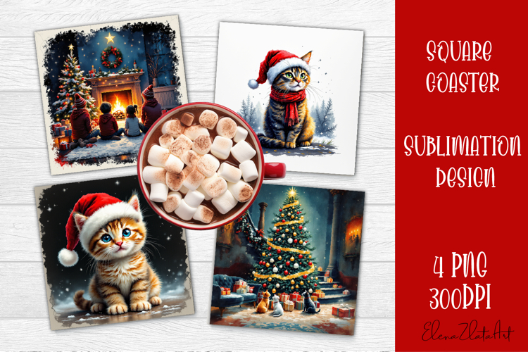 Vintage Christmas Sublimation, retro square Coaster Design