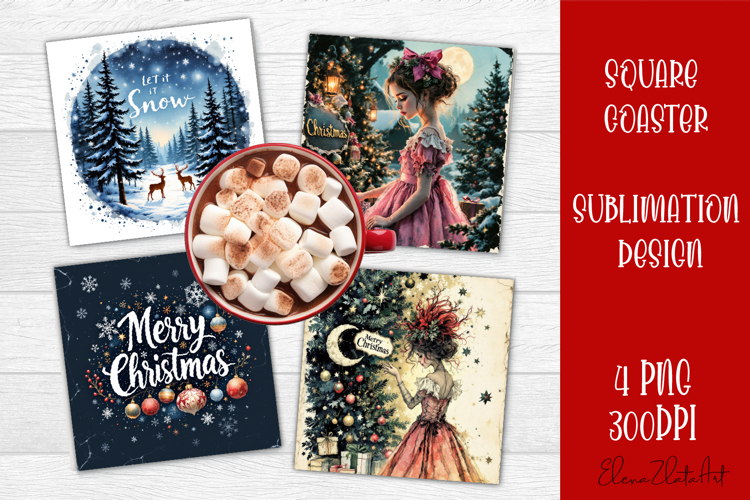 Vintage Christmas Sublimation, retro square Coaster Design