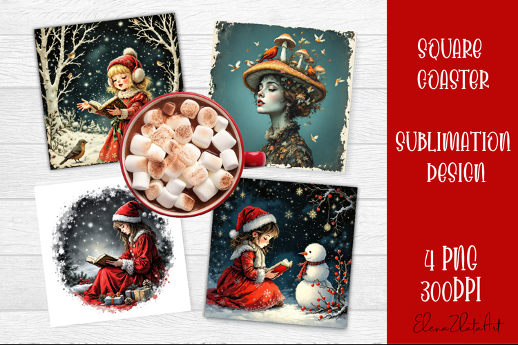 Vintage Christmas Sublimation, retro square Coaster Design