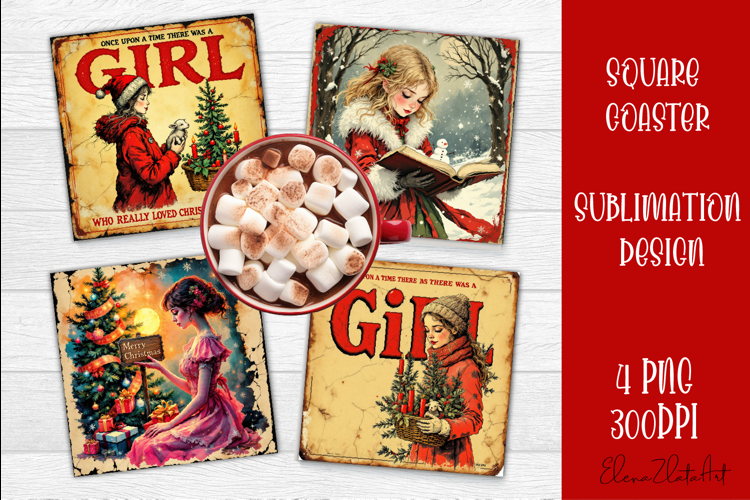 Vintage Christmas Sublimation, retro square Coaster Design