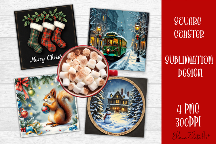 Vintage Christmas Sublimation, retro square Coaster Design