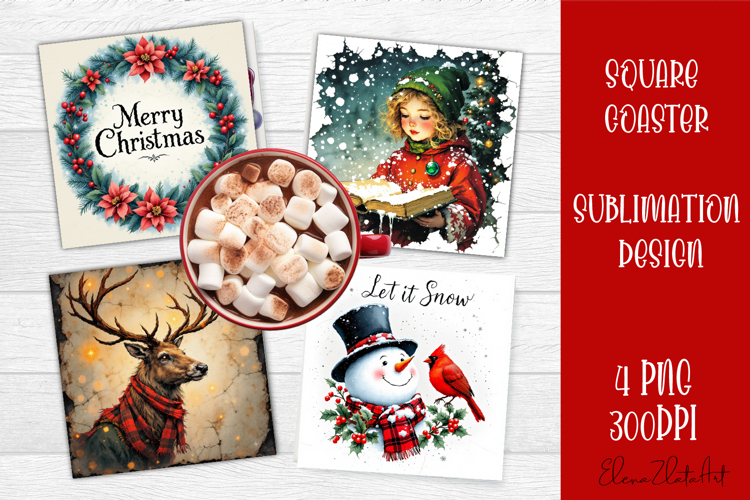 Vintage Christmas Sublimation, retro square Coaster Design