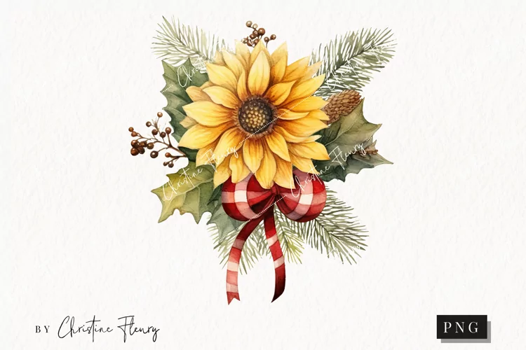 Vintage Festive Sunflower Bouquet Clipart | Christmas Clipar