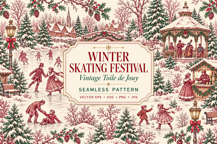 Vintage winter skating festival toile de Jouy seamless pattern with ice skaters, gazebo musicians, snowy villages, holly, lanterns and festive forest.