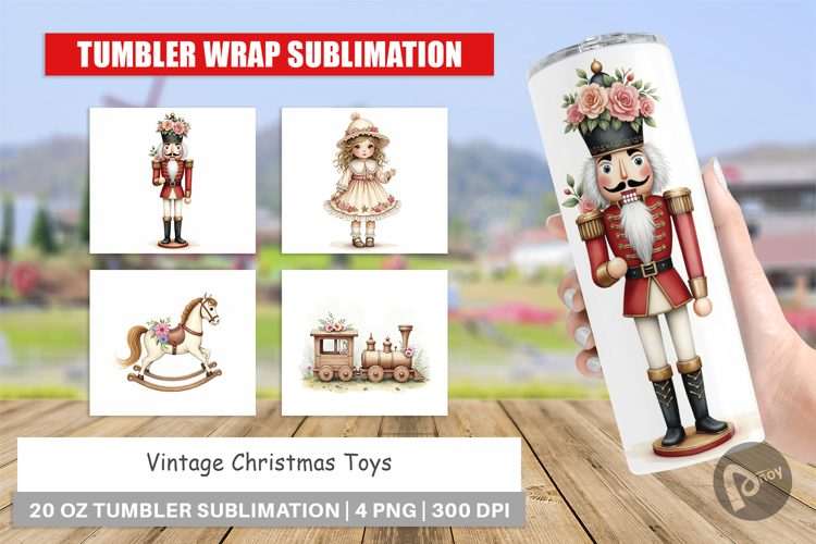 Tumbler Vintage Christmas Toys Watercolor