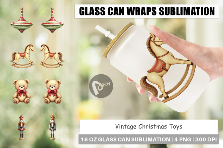Vintage Christmas Toys Glass Can
