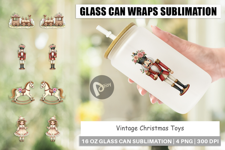 Glass Can Vintage Christmas Toys Watercolor