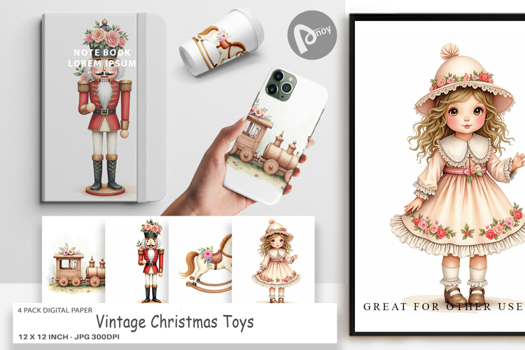 Digital Paper Vintage Christmas Toys Watercolor