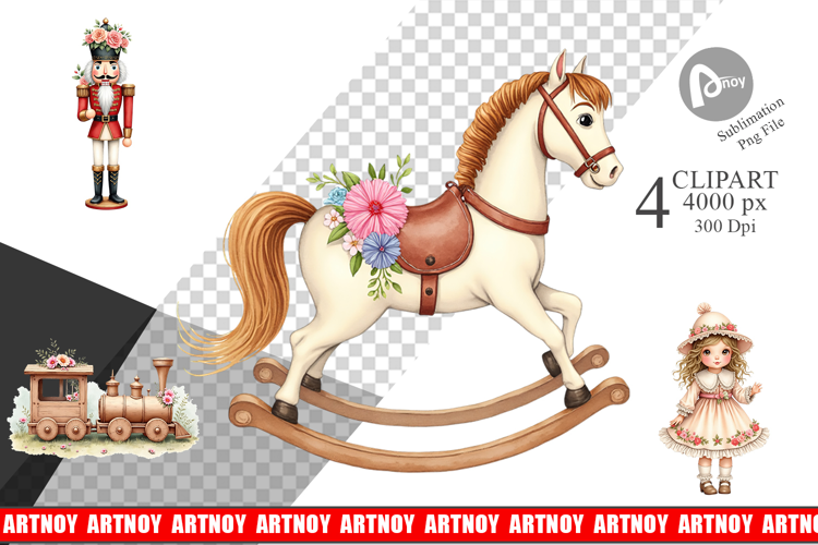 Clipart Vintage Christmas Toys Watercolor