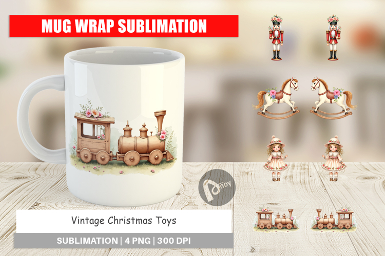 Mug Wrap Vintage Christmas Toys Watercolor