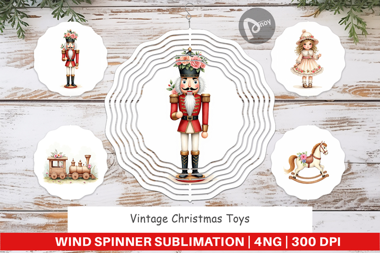 Wind Spinner Vintage Christmas Toys Watercolor
