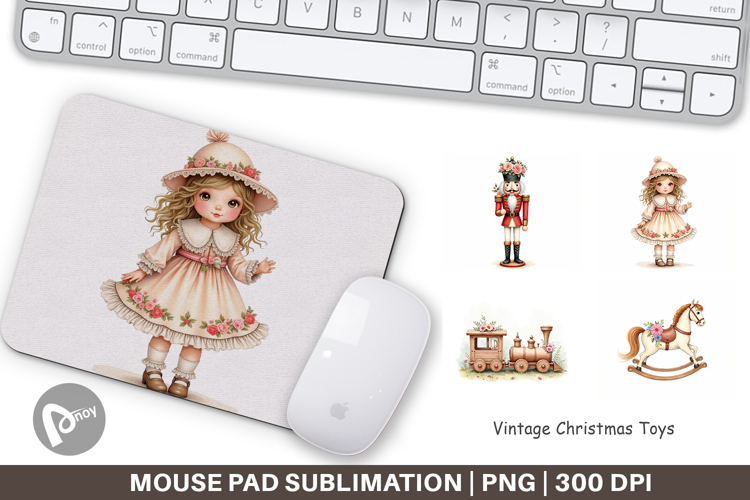 Mouse Pad Vintage Christmas Toys Watercolor