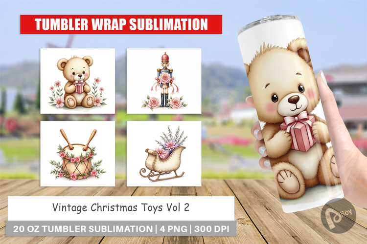 Tumbler Vintage Christmas Toys Watercolor