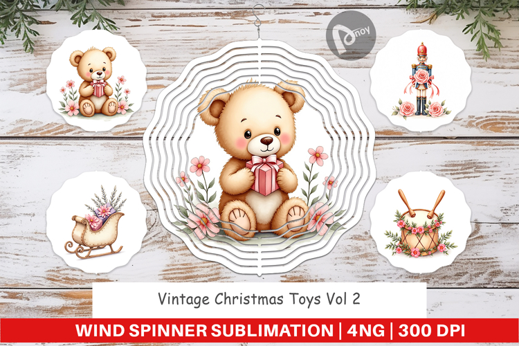 Wind Spinner Vintage Christmas Toys Watercolor