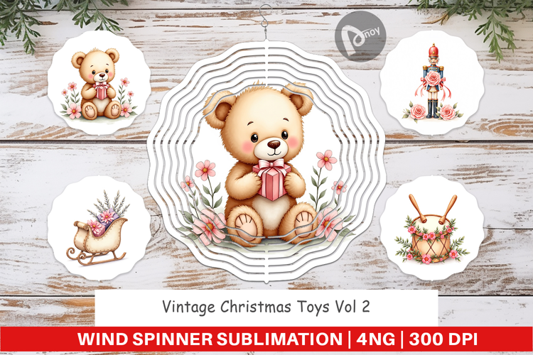 Wind Spinner Vintage Christmas Toys Watercolor