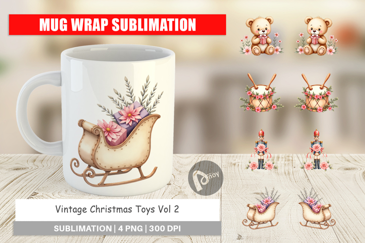 Mug Wrap Vintage Christmas Toys Watercolor