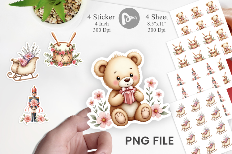 Sticker Vintage Christmas Toys Watercolor
