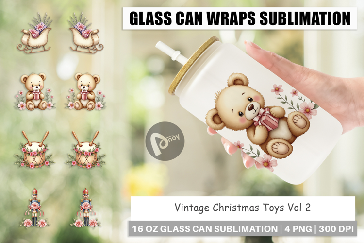 Glass Can Vintage Christmas Toys Watercolor