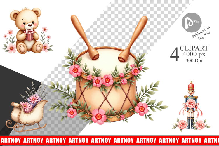 Clipart Vintage Christmas Toys Watercolor