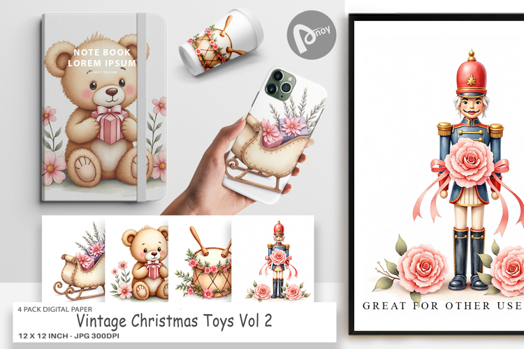 Digital Paper Vintage Christmas Toys Watercolor