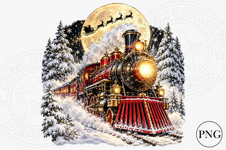 Vintage Christmas Train PNG | Snowy Winter Wonderland Santa