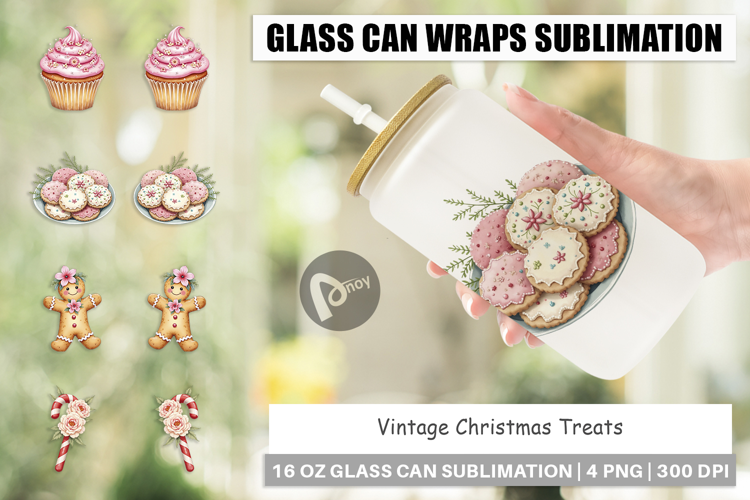 Glass Can Vintage Christmas Treats Watercolor