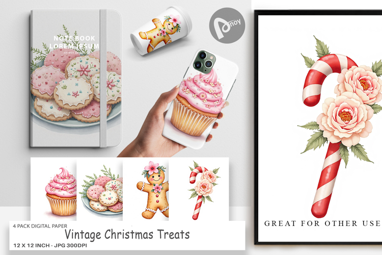 Digital Paper Vintage Christmas Treats Watercolor