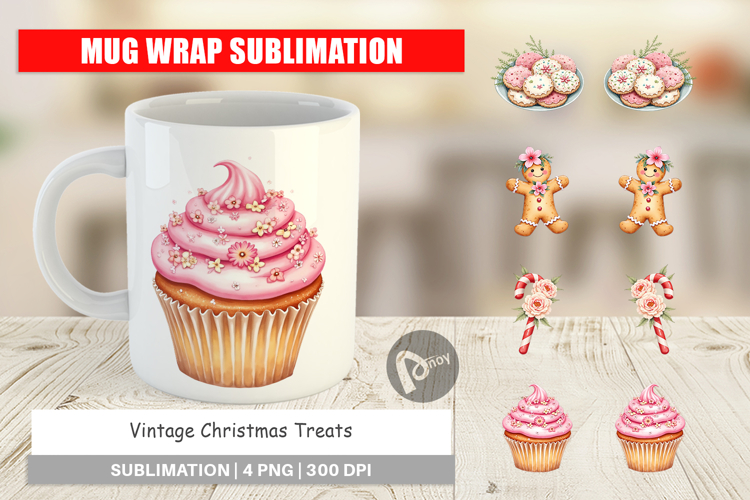 Mug Wrap Vintage Christmas Treats Watercolor