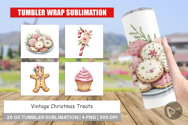 Tumbler Vintage Christmas Treats Watercolor