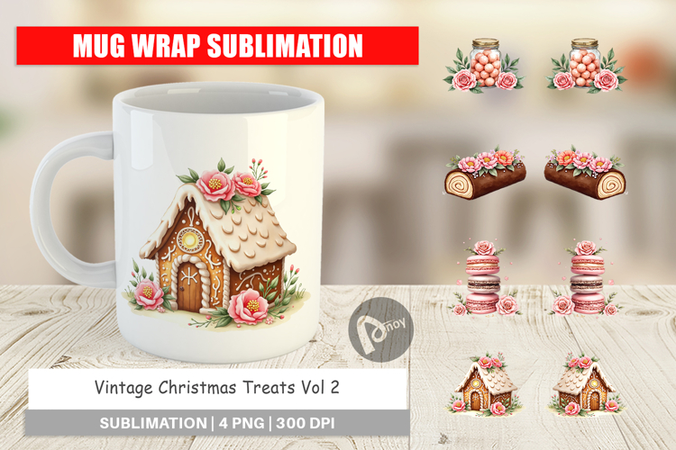 Mug Wrap Vintage Christmas Treats Watercolor