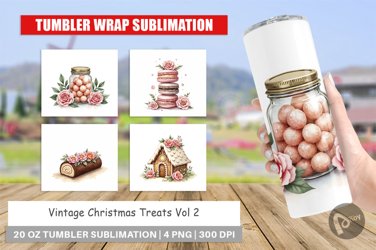 Tumbler Vintage Christmas Treats Watercolor